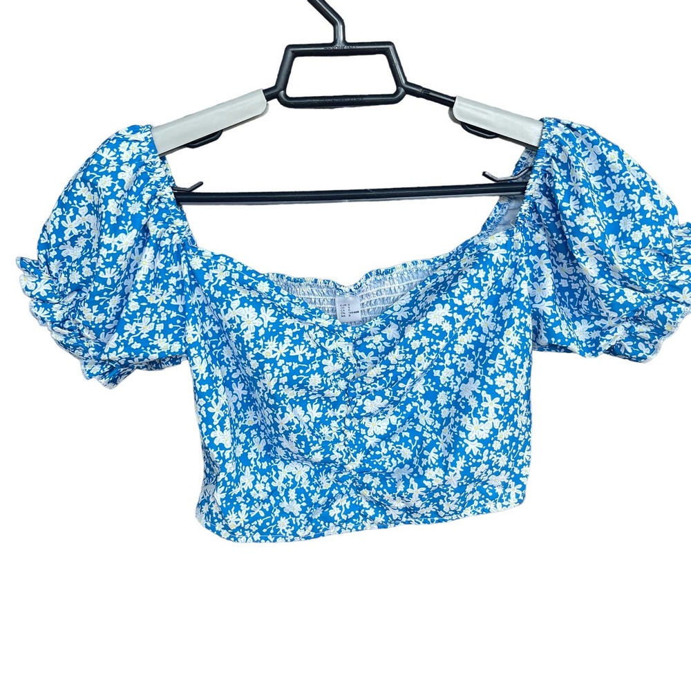 Puff Sleeve Crop Top Womens Small‎ Blue Floral Smocked 90s